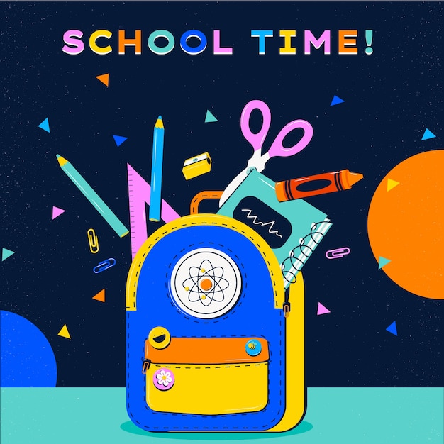 Free vector flat back to school party illustration with bookbag and supplies