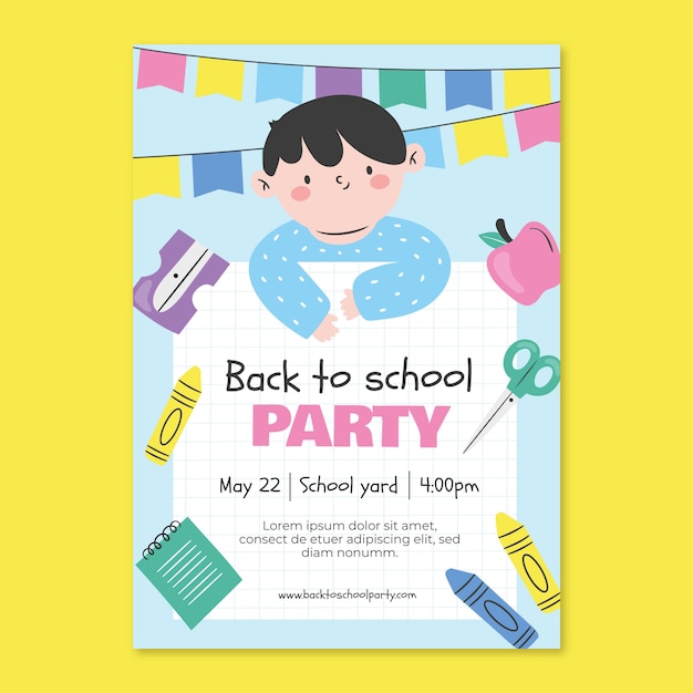 Flat back to school party poster template with kid and school supplies