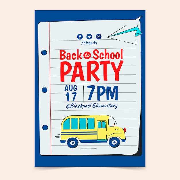 Free vector flat back to school party poster template with school bus