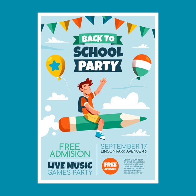 Flat back to school party vertical poster template