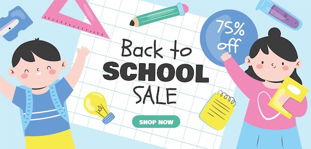 Flat back to school sale banner template with supplies and students