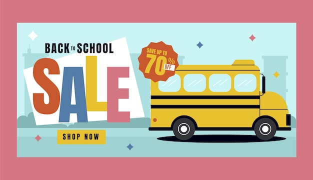 Vettore gratuito ritorno piatto al modello di banner orizzontale di vendita della scuola con l'autobus