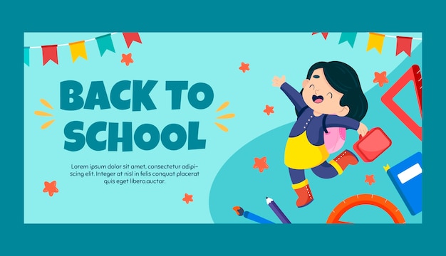 Flat back to school sale шаблон горизонтального баннера со счастливым учеником