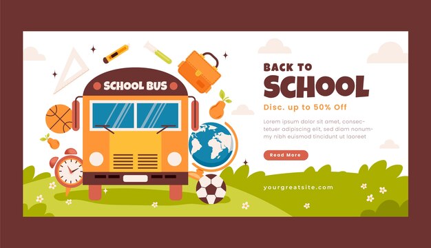 Flat back to school sale шаблон горизонтального баннера со школьным автобусом