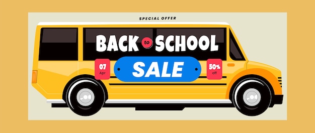 Free vector flat back to school sale horizontal banner template with school bus