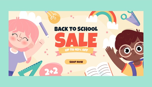 Flat back to school sale horizontal banner template with students