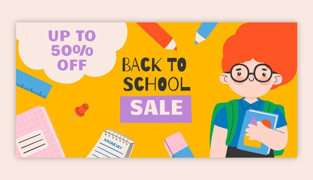 Flat back to school sale horizontal banner template with supplies and student