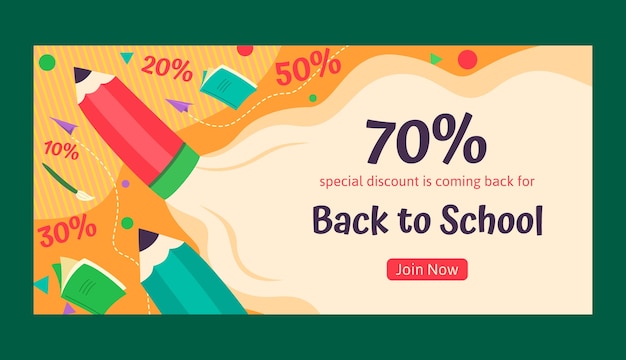 Flat back to school sale horizontal banner template with supplies