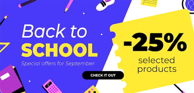 Flat back to school распродажа шаблон горизонтального баннера