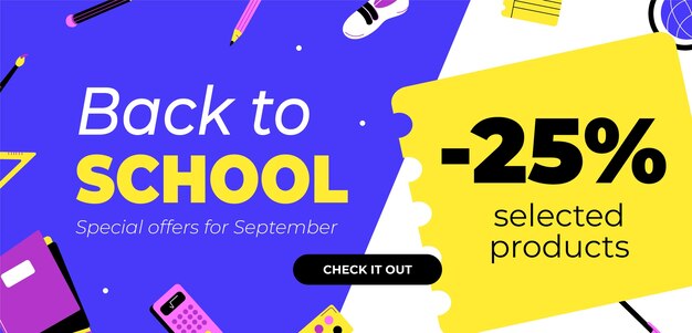 Flat back to school распродажа шаблон горизонтального баннера