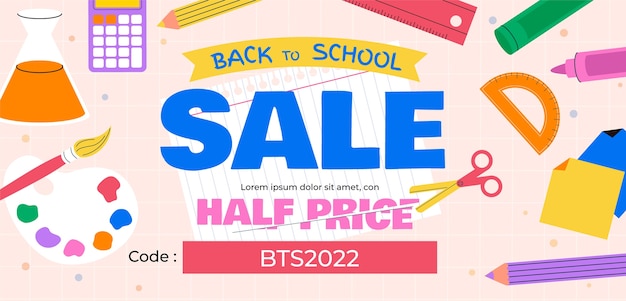 Flat back to school sale horizontal banner with school essentials