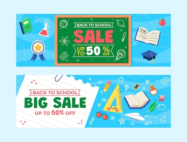 Free vector flat back to school sale horizontal banners set with backboard and supplies