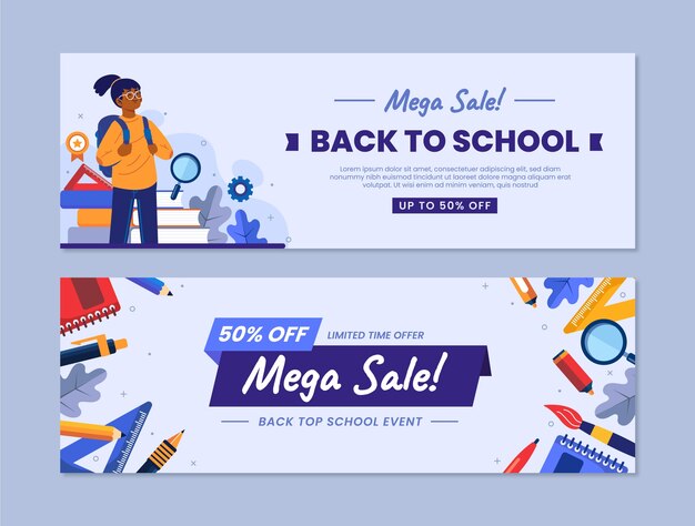 Flat back to school sale horizontal banners set with student and supplies