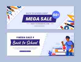 Free vector flat back to school sale horizontal banners set with student and supplies