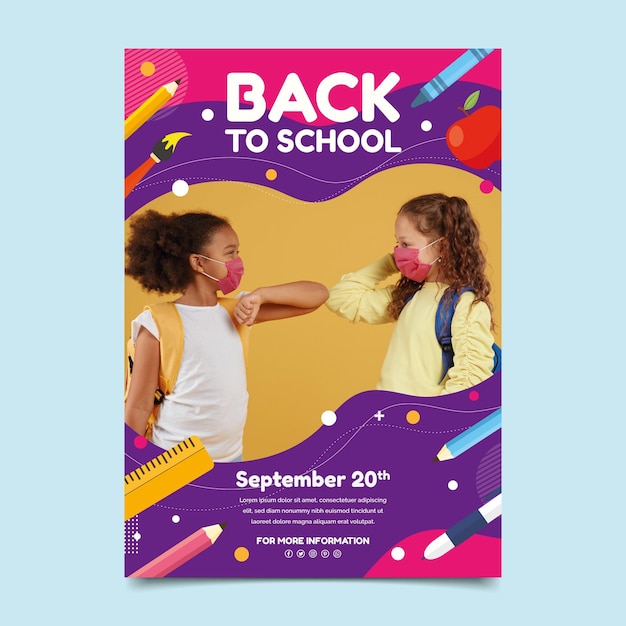 Flat back to school vertical poster template with photo