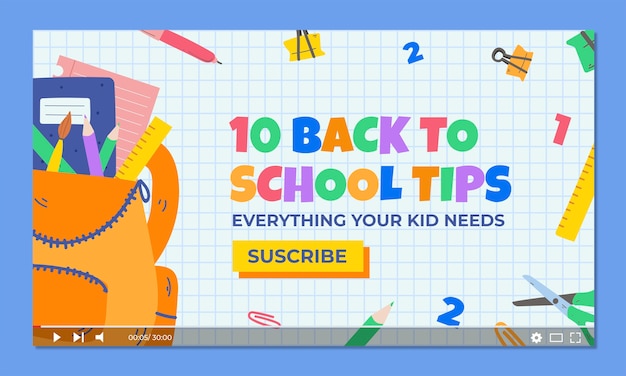 Flat back to school youtube thumbnail with school supplies