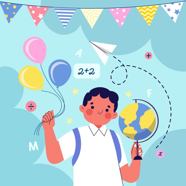 Плоская иллюстрация школьной вечеринки со студентом, держащим воздушные шары и глобус
