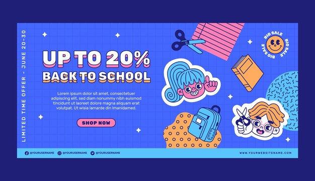 Бесплатное векторное изображение flat back to school распродажа шаблон горизонтального баннера