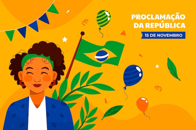 Vettore gratuito sfondo piatto per la proclamazione della repubblica brasiliana con donna e palloncini