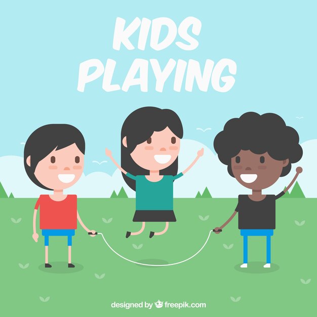 Flat background of children playing with jump rope