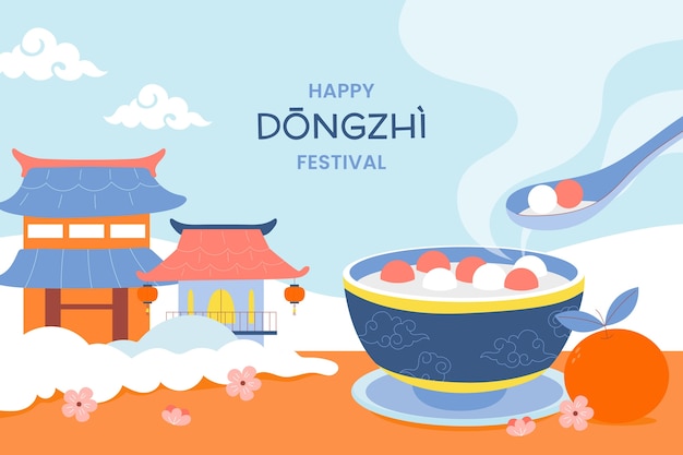 Flat background for chinese dongzhi festival with houses and bowl of tang yuan