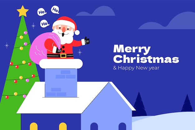 Flat background for christmas season celebration with santa going down the chimney