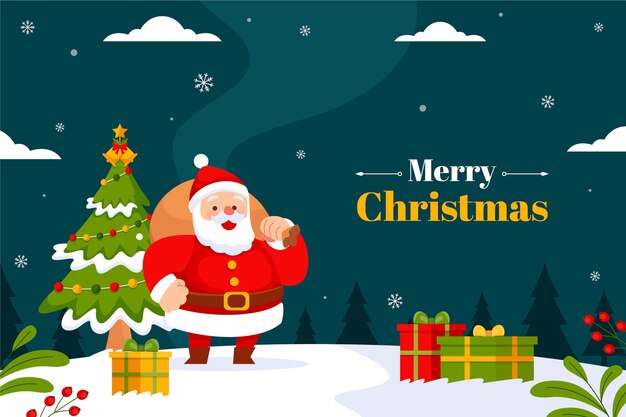 Flat background for christmas season celebration with santa and presents