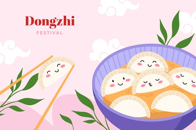 Flat background for dongzhi festival celebration with tang yuan in bowl