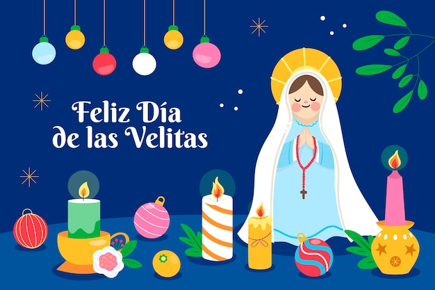 Бесплатное векторное изображение Плоский фон для празднования диа-де-лас-велитас со свечами и девой марией