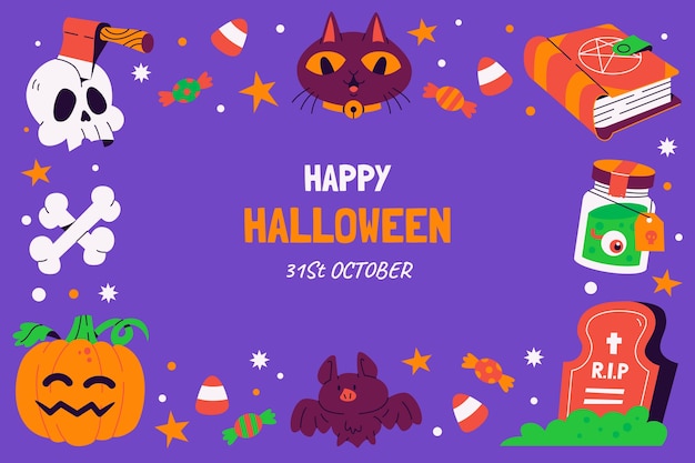 無料ベクター 墓石と黒猫のハロウィーン シーズンのフラット背景