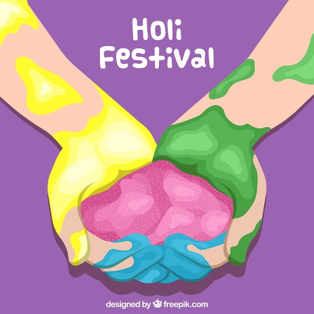 Бесплатное векторное изображение Плоский фон для фестиваля холи с руками