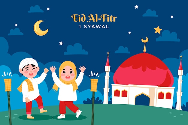 무료 벡터 이슬람 eid al-fitr 축하를 위한 평평한 배경