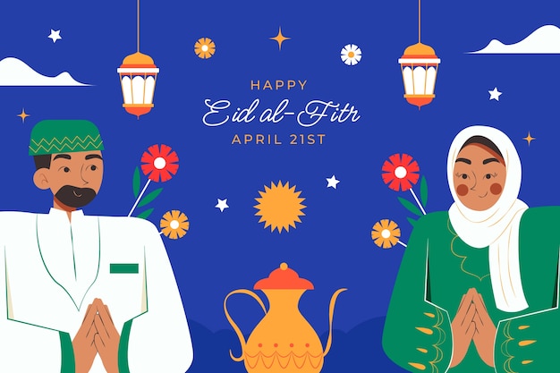 무료 벡터 이슬람 eid al-fitr 축제 축하를 위한 평평한 배경