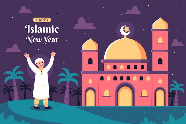 無料ベクター イスラムの新年のお祝いのための平らな背景