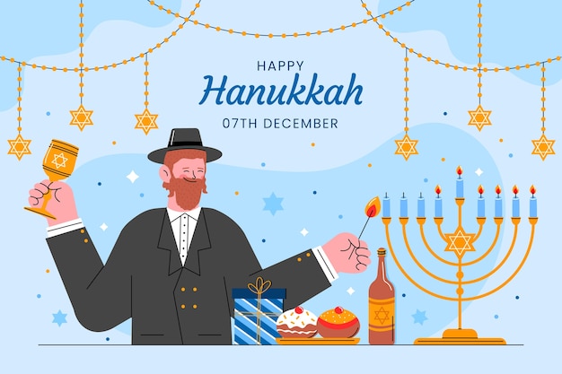 無料ベクター ユダヤ人のハヌッカの祝いの平らな背景