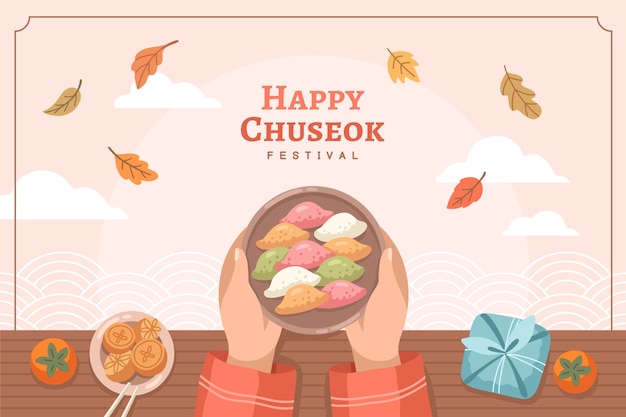 Бесплатное векторное изображение Плоский фон для празднования корейского фестиваля чусок