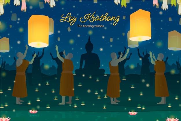 무료 벡터 loy krathong 태국 축제 축하를 위한 평평한 배경