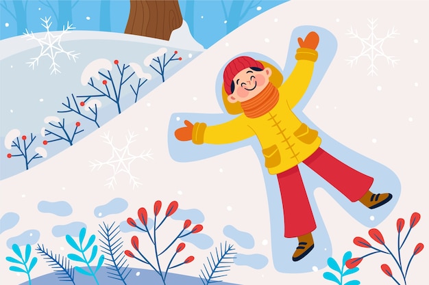 Бесплатное векторное изображение Плоский фон для зимнего сезона с человеком, делающим снежного ангела