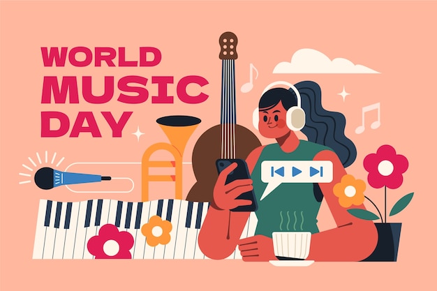 무료 벡터 세계 음악의 날 축하를 위한 평평한 배경