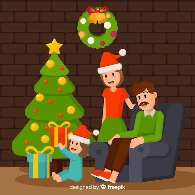 Flat background happy christmas family