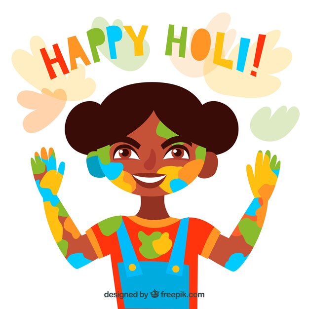 Flat background happy holi with a girl