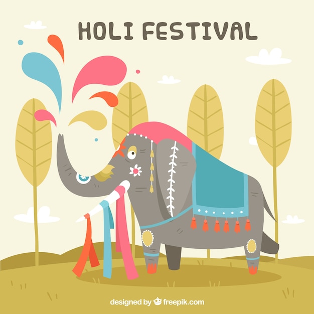 Free vector flat background for holi festival with an elephant