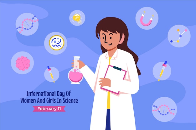 Vettore gratuito sfondo piatto per la giornata internazionale delle donne e delle ragazze nella scienza