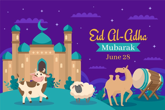 Vettore gratuito sfondo piatto per la celebrazione islamica di eid al-adha