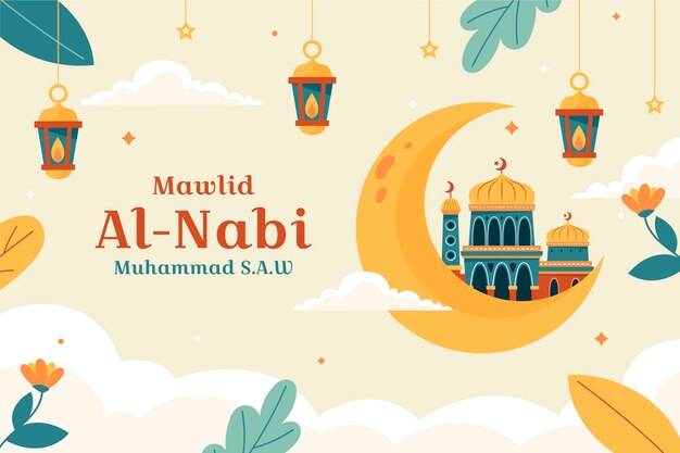 Flat background for islamic mawlid al-nabi holiday celebration