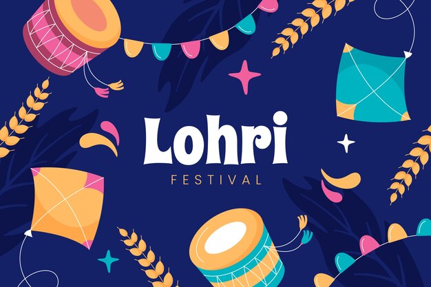 Flat background for lohri festival celebration with kites and drums