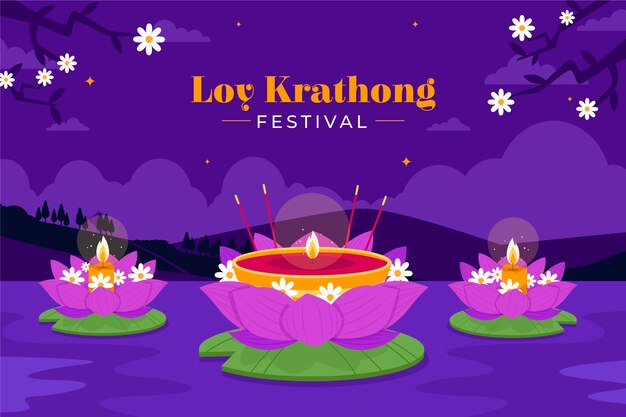 Flat background for loy krathong celebration with candles on lotus flowers