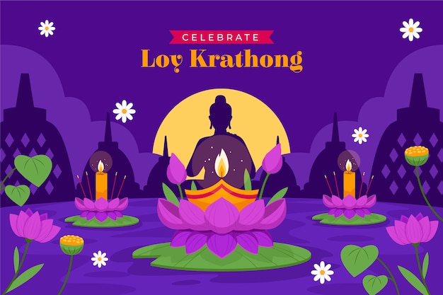 Flat background for loy krathong celebration with candles on lotus flowers