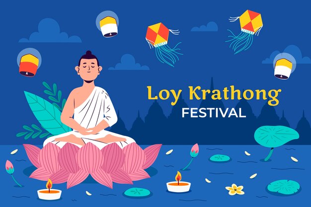 Flat background for loy krathong thai festival celebration