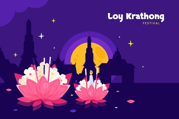 Vettore gratuito sfondo piatto per la celebrazione del festival tailandese di loy krathong